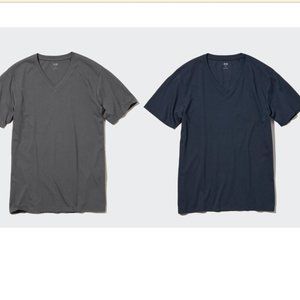 Two UNIQLO Supima Cotton V Neck Short-Sleeve T-Shirts Grey & Navy